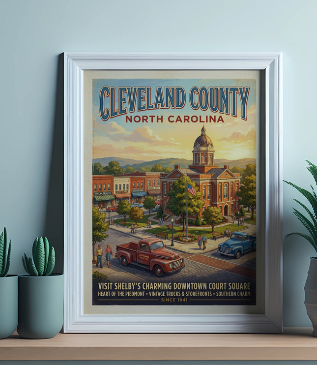 Vintage poster of Cleveland County North Carolina courthouse and downtown buildings.