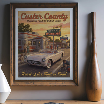 Custer County Oklahoma Route 66 poster with classic car and diner.