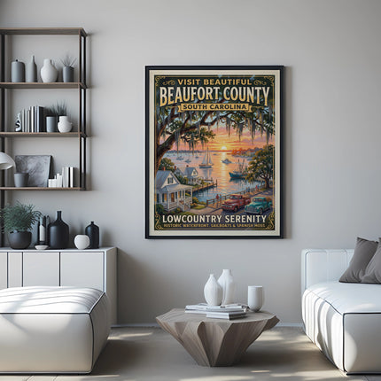 Beaufort County, South Carolina vintage travel poster featuring a waterfront scene.