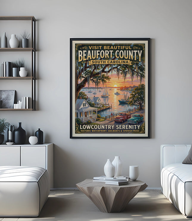 Beaufort County, South Carolina vintage travel poster featuring a waterfront scene.