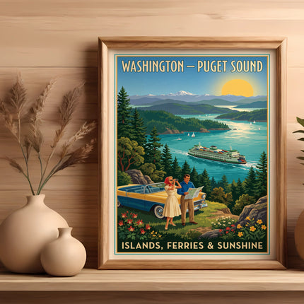 Vintage poster of Washington's Puget Sound with a couple and a ferry.