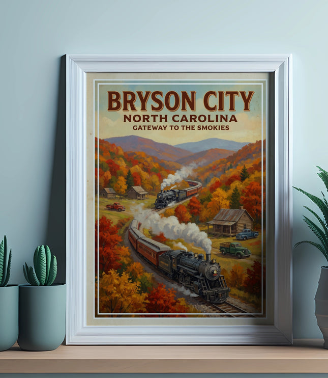 Vintage poster of Bryson City, NC with trains and autumn trees.