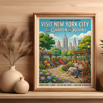 New York City "The Garden of Books" framed art print with people reading in a garden.