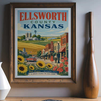 Ellsworth County Kansas vintage travel poster with sunflowers, town, and farm scene.