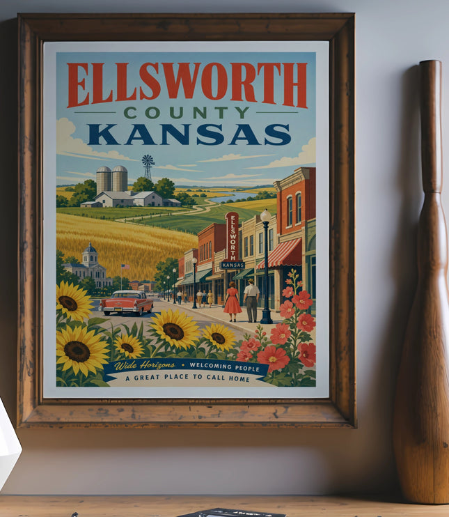 Ellsworth County Kansas vintage travel poster with sunflowers, town, and farm scene.