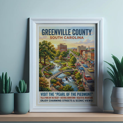 Greenville County South Carolina poster with Poinsett Hotel and Falls Park.