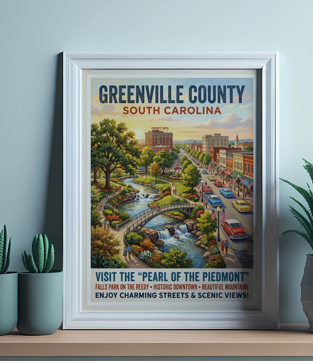 Greenville County South Carolina poster with Poinsett Hotel and Falls Park.