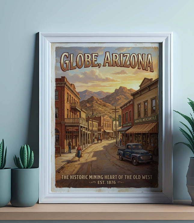 Globe, Arizona vintage poster showing historic mining town scene and text.