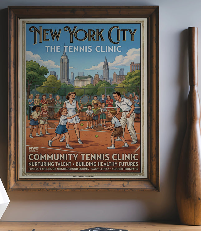 New York City Community Tennis Clinic poster with vintage illustration and city skyline.