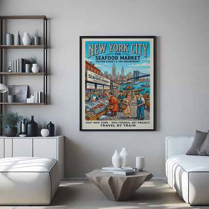 New York City Seafood Market poster with "Fulton Street & The Waterfront" text.