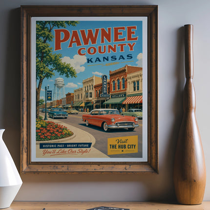 Vintage Pawnee County, Kansas poster featuring downtown Larned with classic cars.
