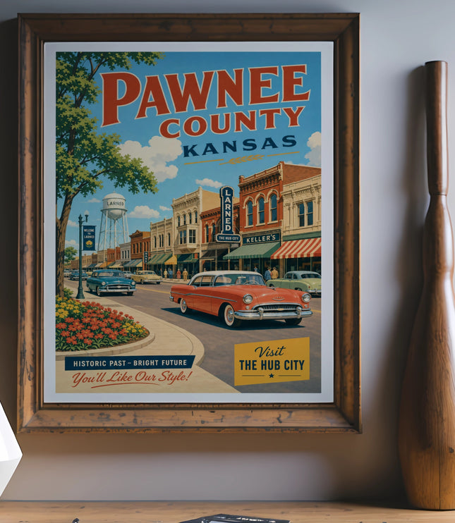 Vintage Pawnee County, Kansas poster featuring downtown Larned with classic cars.