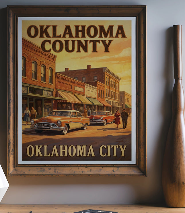 Vintage poster for Oklahoma County and Oklahoma City with classic cars and buildings.