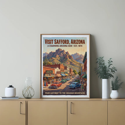 Vintage poster depicting Safford, Arizona street scene with mountains and the text "Visit Safford, Arizona".