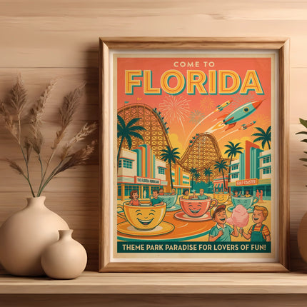 Retro Florida theme park poster with roller coasters and happy characters.