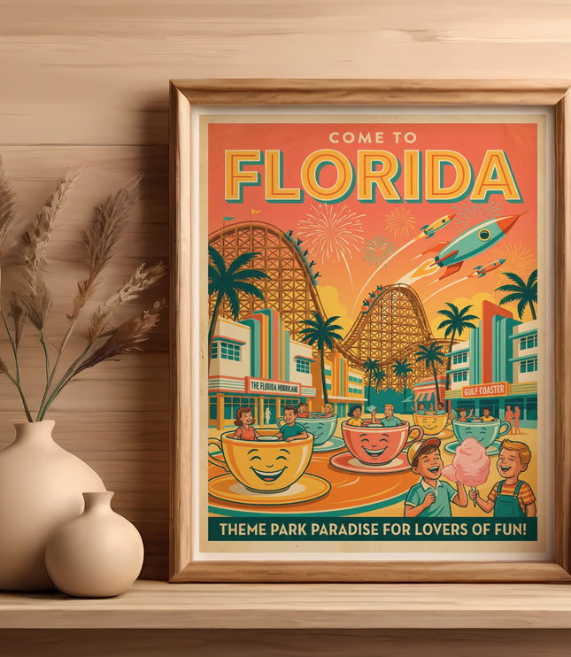 Retro Florida theme park poster with roller coasters and happy characters.
