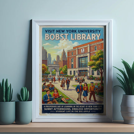Vintage Bobst Library poster featuring students and New York University buildings.