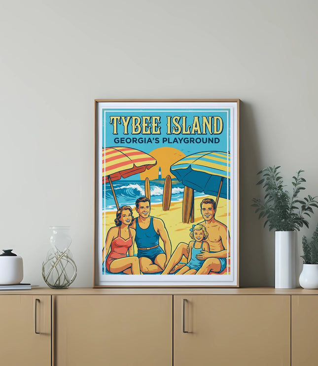 Retro poster of a family at Tybee Island, Georgia's Playground, with surfboards.