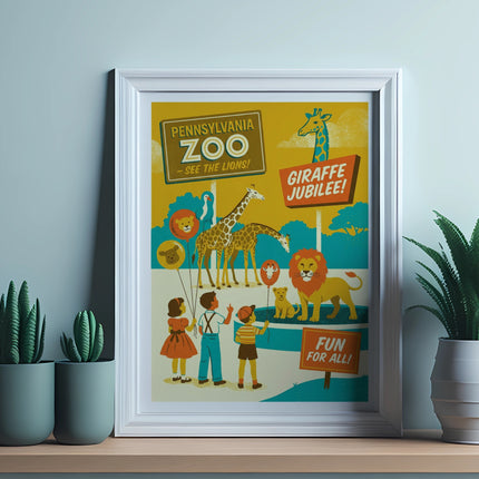 Pennsylvania Zoo poster with animals and children, advertising "Giraffe Jubilee" and "Fun for All".