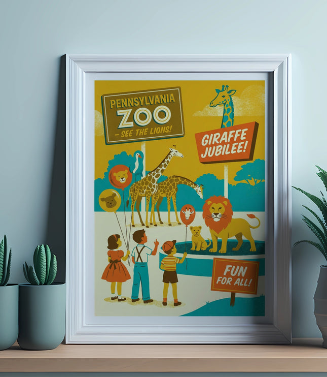 Pennsylvania Zoo poster with animals and children, advertising "Giraffe Jubilee" and "Fun for All".