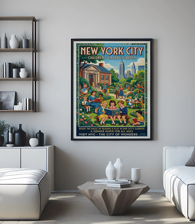 New York City Children's Library Garden vintage poster with text.