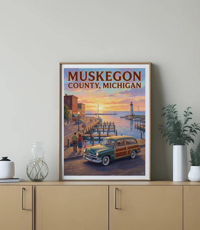 "Muskegon County, Michigan" text above a vintage wood-paneled station wagon by a harbor at sunset.