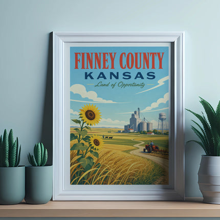Finney County Kansas Land of Opportunity vintage travel poster with sunflowers and farm silo.