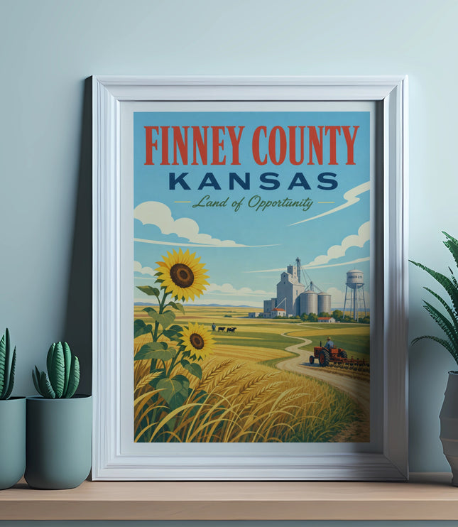 Finney County Kansas Land of Opportunity vintage travel poster with sunflowers and farm silo.