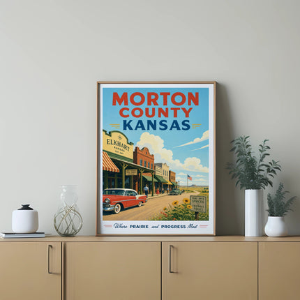 Vintage travel poster for Morton County, Kansas, featuring Elkhart and a classic car.