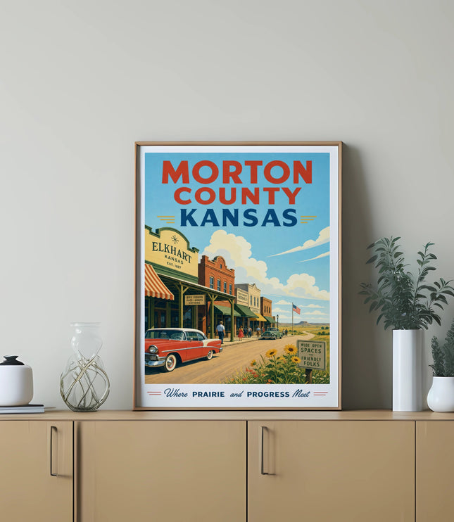 Vintage travel poster for Morton County, Kansas, featuring Elkhart and a classic car.
