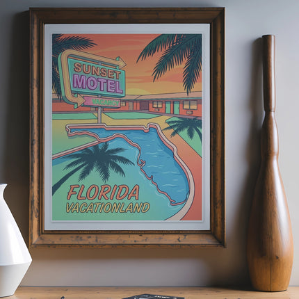 Vintage "Sunset Motel Vacationland" sign and pool illustration.