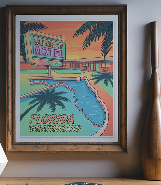 Vintage "Sunset Motel Vacationland" sign and pool illustration.