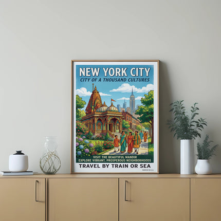 New York City poster with text about visiting a mandir and exploring neighborhoods.