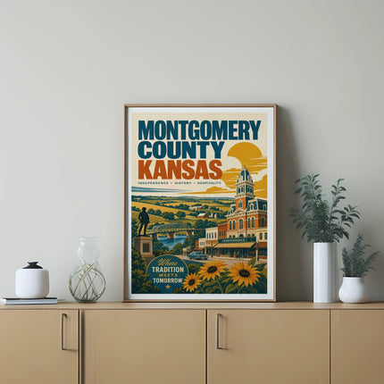 Montgomery County Kansas poster with town buildings, sunflowers, and text.