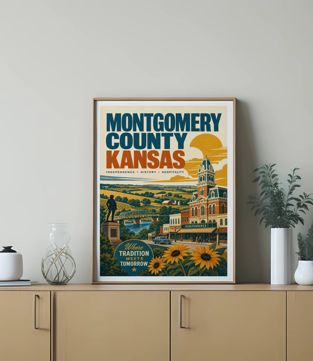 Montgomery County Kansas poster with town buildings, sunflowers, and text.