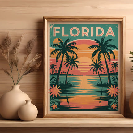 Framed artwork featuring a Florida sunset with palm trees and ocean.