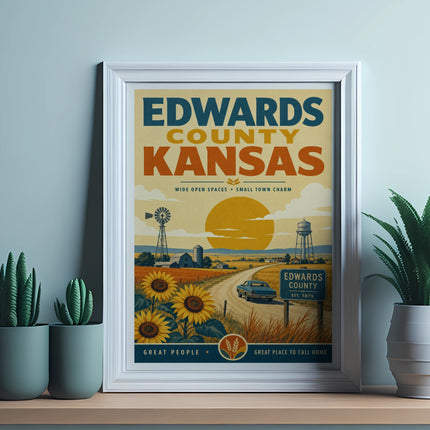 Edwards County Kansas travel poster with sunflowers and a vintage car.