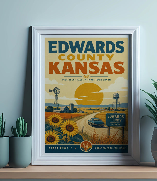 Edwards County Kansas travel poster with sunflowers and a vintage car.