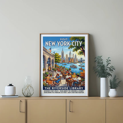 Visit New York City vintage poster for The Riverside Library.