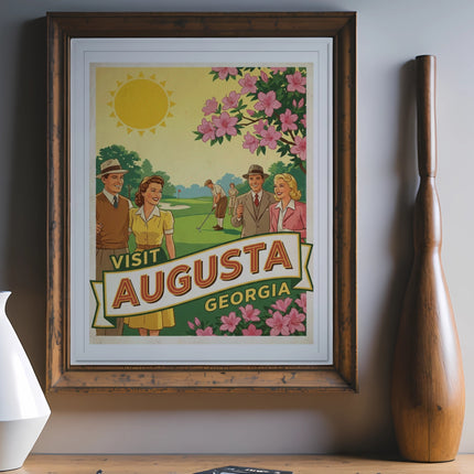 Vintage poster with people golfing and text "Visit Augusta Georgia".