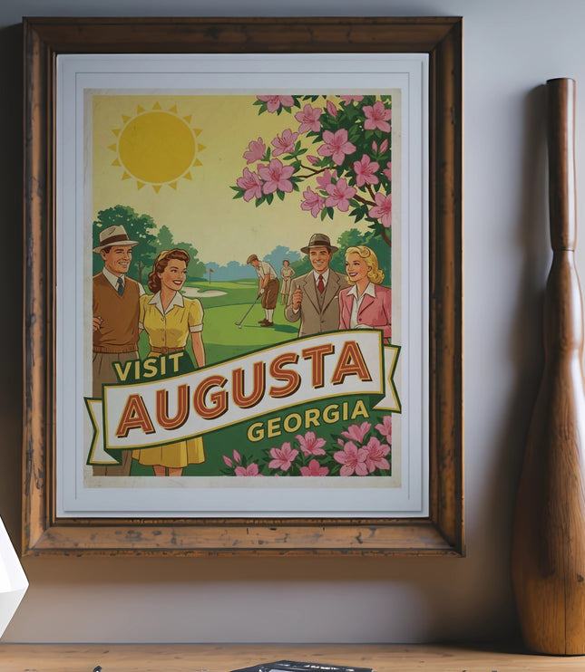 Vintage poster with people golfing and text "Visit Augusta Georgia".