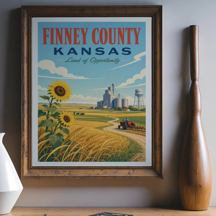 Finney County, Kansas: Land of Opportunity vintage poster with sunflower, wheat fields, and barn.