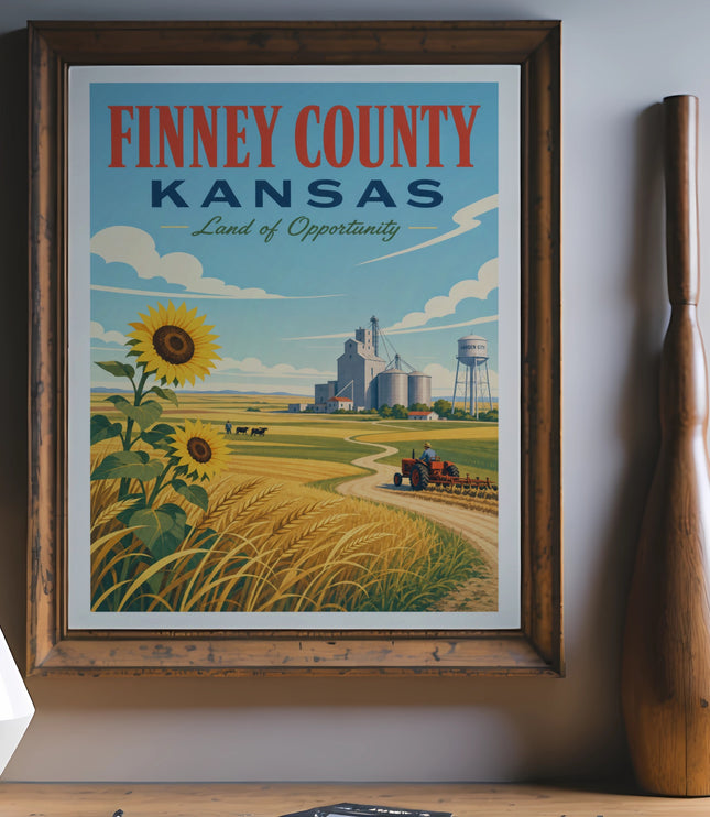 Finney County, Kansas: Land of Opportunity vintage poster with sunflower, wheat fields, and barn.