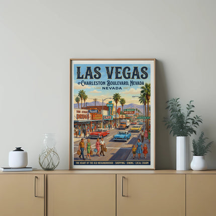 Vintage Las Vegas Charleston Boulevard illustration with cars, shops, and people.