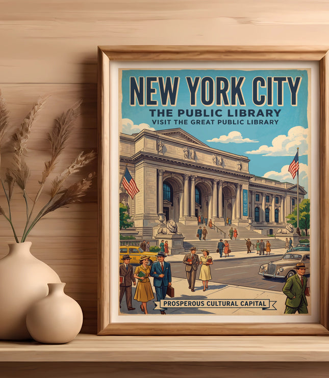 Vintage poster of New York City Public Library with text "PROSPEROUS CULTURAL CAPITAL".