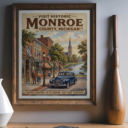 Vintage poster of Monroe, Michigan featuring a downtown street scene and riverfront.