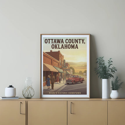 Poster of Ottawa County, Oklahoma, featuring Miami's historic downtown with a red truck.