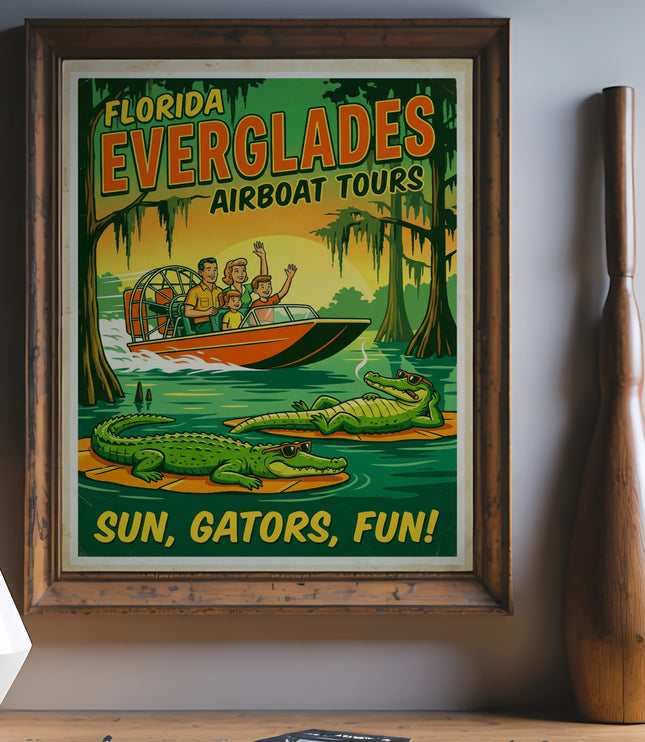 Florida Everglades airboat tours poster with sun, gators, and fun text.