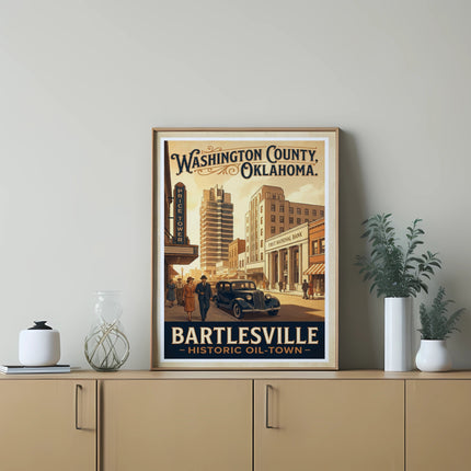 Vintage poster of Bartlesville, Oklahoma, showing buildings, people, and a classic car.