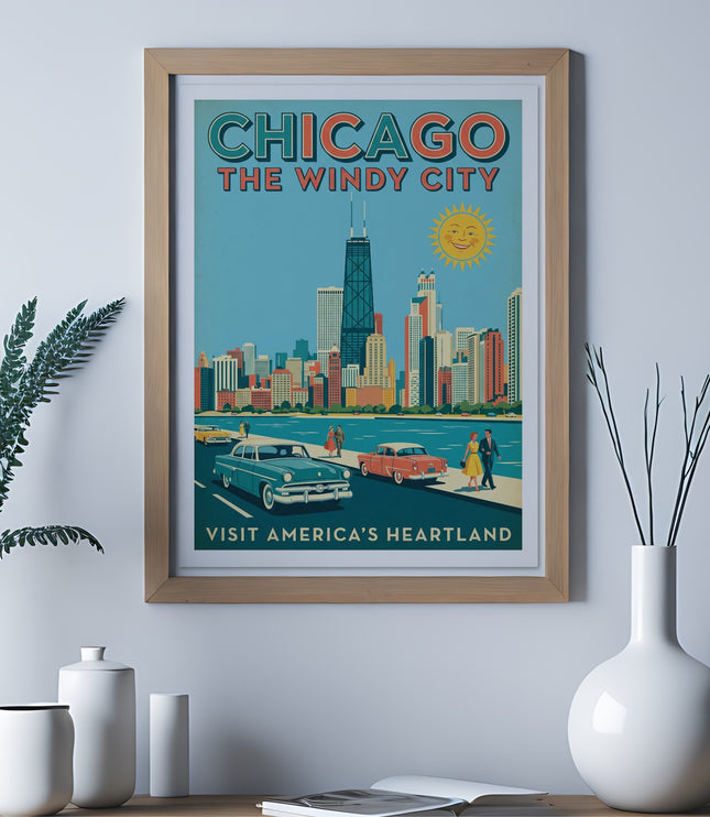 Chicago the Windy City skyline with vintage cars and text "VISIT AMERICA'S HEARTLAND".